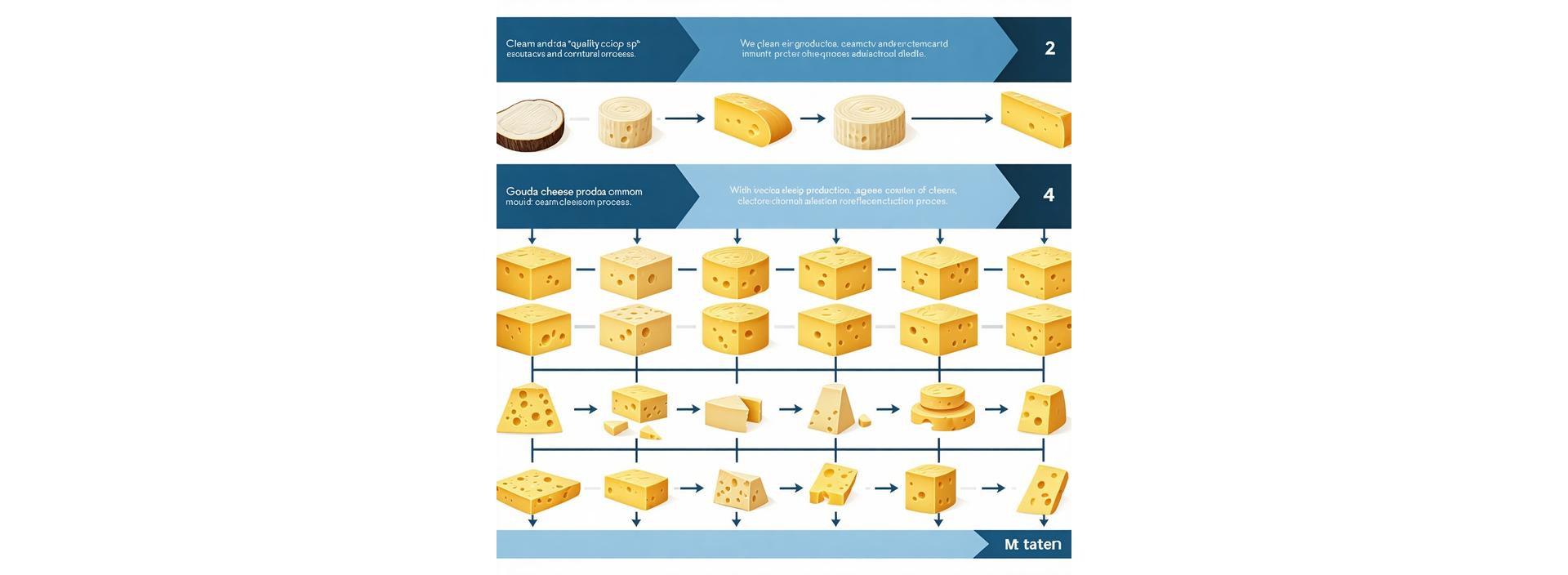 Gedetailleerd diagram van het kaasproductieproces, van verse melk tot eindproduct, wat onze zorgvuldige aanpak illustreert.