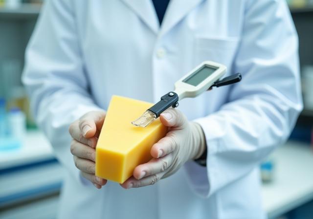 Kwaliteitsinspecteur die een kaas test in een laboratorium.